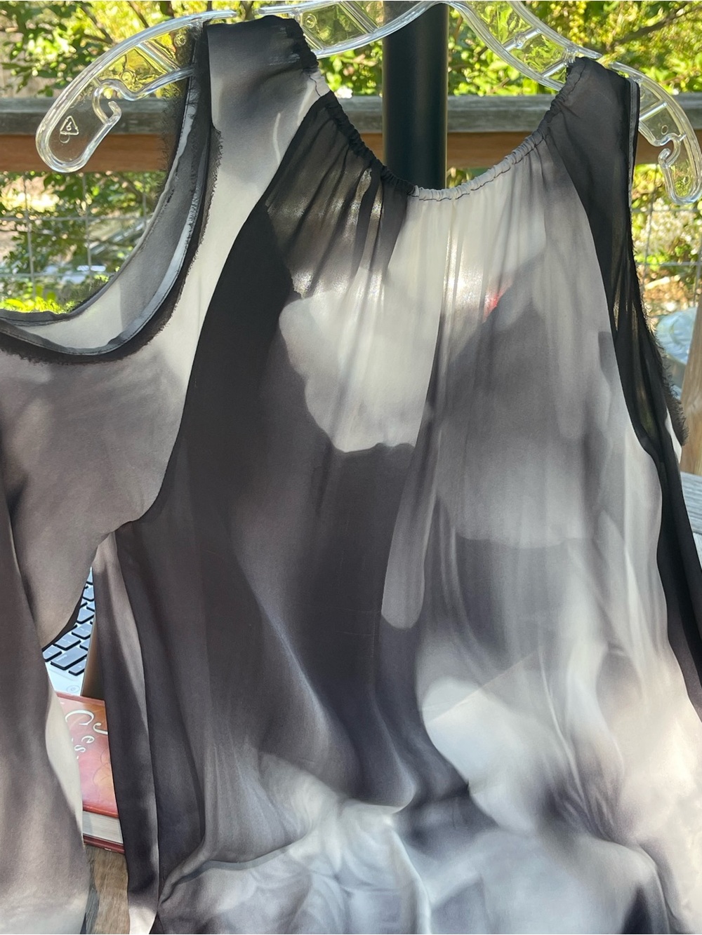 Elie Tahari Black & White Sheer Smoke-Print Sleeveless Blouse